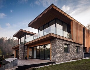 Modern Stone and Wood House with Large Windows