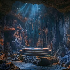 Sticker -  mystical-podium-stage-in-ancient-cave-illuminated-by-rays-of-light-from-above