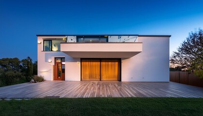 Modern White House with Wooden Door and Large Window at Twilight