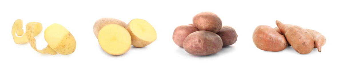 Wall Mural - Different types of potatoes isolated on white, collection