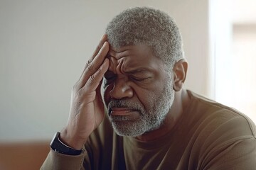 There is a distressed, black man sitting on a sofa, clutching his head and displaying pain on his face. A glass of water rests nearby, indicating that relief is needed.