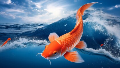 orange koi fish swimming in the ocean waves