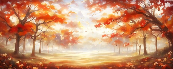 Canvas Print - Autumn Forest Illustration - Red and Orange Leaves Falling