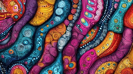 Leinwandbilder - A dynamic arrangement of swirling patterns and shapes in vivid colors creates a striking abstract composition