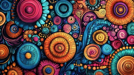 Leinwandbilder - Colorful circular patterns with swirling shapes create a dynamic abstract design, prominently featuring blue, pink, and orange hues on a dark backdrop
