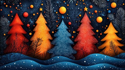 Wall Mural - A vibrant winter scene features colorful Christmas trees against a dark sky, adorned with snowflakes and decorative orbs, creating a festive atmosphere