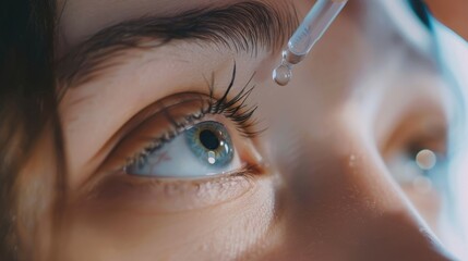 Close up of eye, using eyedrops liquid medicine for healthy eyesight clarity