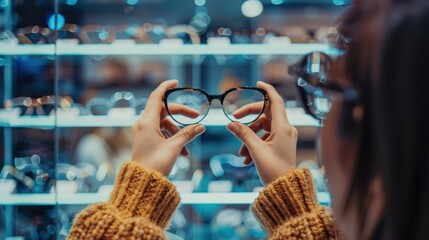 Female client of an optical salon is looking for new glasses while browsing the display shelves