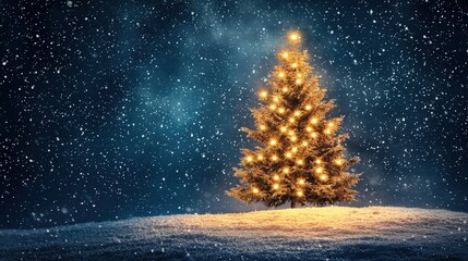 Canvas Print - A festive tree adorned with lights is surrounded by fresh snow while snowflakes gently fall from a clear night sky