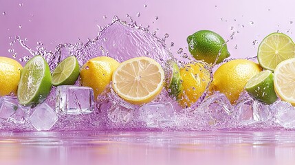 Wall Mural -   A mix of lemons, limes, and limeades crashing onto ice in a vibrant purple backdrop