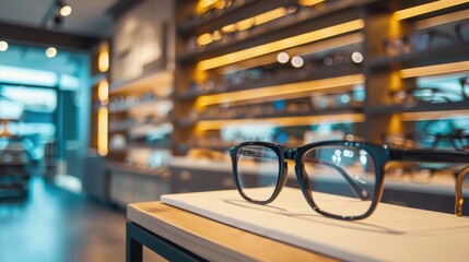 Eyeglasses displayed on shelves in optical showroom, background for optometry business