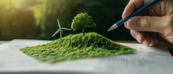 Wall Mural - Sustainable Energy Concept with Wind Turbine and Tree on Grass Hill in Hand-Drawn Illustration