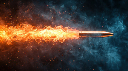 Poster - A bullet shoots forward, surrounded by vibrant flames and swirling smoke, capturing the intensity of motion and energy