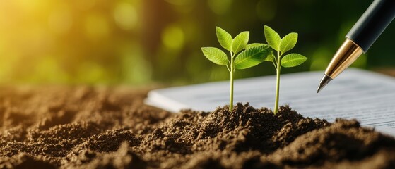 Wall Mural - Young Green Plants Growing in Soil with Pen and Document in Background, Symbolizing Growth and Development