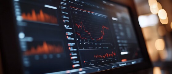 Close-up view of financial graphs on a computer screen, showcasing data analysis and trading trends in a modern workspace.