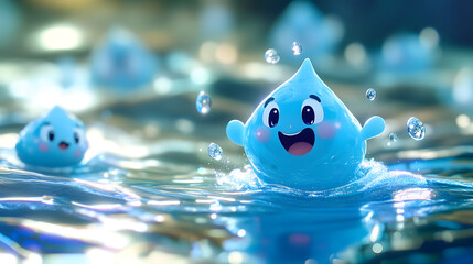cute animated water droplets with happy faces splashing playfully in sparkling water, vibrant blue h