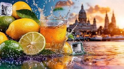 Sticker -  Lemons and limes splash into glass of water, castle backdrop