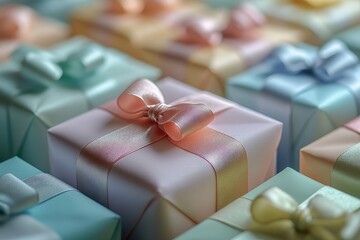 Poster - A close-up view of assorted wrapped presents with elegant bows, showcasing a variety of pastel colors in a festive environment