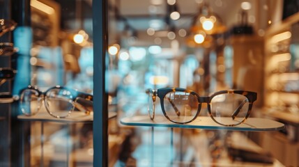 Eyeglasses displayed on shelves in optical showroom, background for optometry business