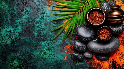 Wall Mural -   A black-topped table is placed against a green and orange background On the left side of the table, there's a pot filled with red substance, and a palm leaf rests