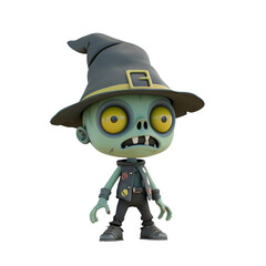 Wall Mural - A Halloween character in cute 3D render of a small, funny zombie wearing a witch’s hat, Isolated on Transparent Background, PNG