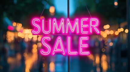 Poster - The bright neon sign announces a summer sale, attracting shoppers to a lively street filled with lights as evening falls