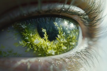 Wall Mural - Plants and trees are growing on a human eye in this surreal digital painting, conveying a message of environmental awareness.