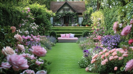 Sticker - A vibrant garden pathway showcases a cozy cottage, lined with blooming flowers and lush greenery under the bright afternoon sun