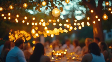 Poster - Guests enjoy a cozy outdoor dinner surrounded by glowing string lights and vibrant decorations on a summer evening