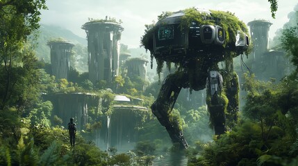 a large, futuristic machine is overgrown with foliage, standing in a lush jungle.