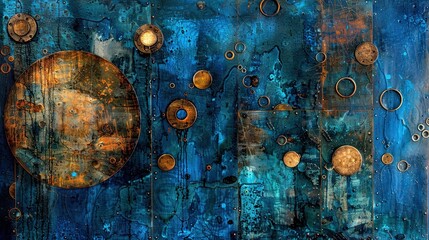 Wall Mural -   A close-up of a painting depicts a blue background adorned with gold circles at its base