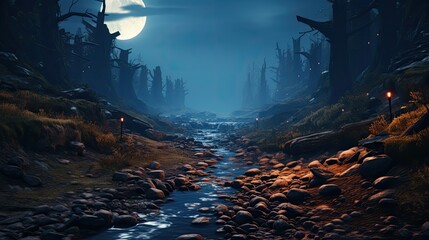 Sticker - Blue Forest Landscape, 4K Wallpaper, Blue, Night  