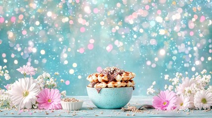 Wall Mural -   Blue bowl with marshmallows & chocolate on blue table with pink, white flowers