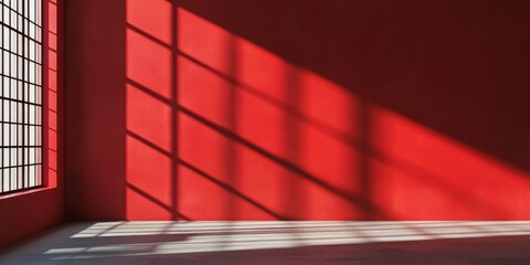 Canvas Print - A contemporary scene characterized by vibrant red walls and intricate shadows cast by light coming through the window