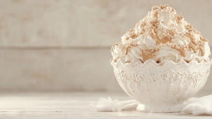 Sticker -  A bowl of whipped cream atop a wooden table, beside a white cloth