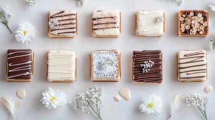 Wall Mural -   A pristine table is adorned with an array of diverse cakes and sweets upon a crisp white cloth