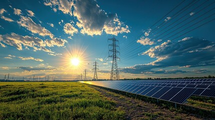 Sticker - The sun sets behind solar panels, casting a warm glow in a field, while power lines stretch into the distance under a colorful sky