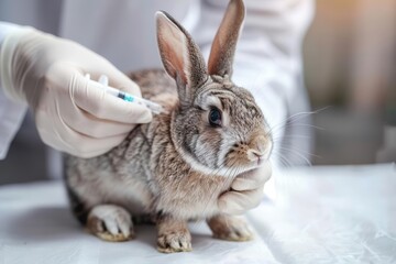 a veterinarian is administering a vaccine to a fluffy rabbit in a clinical setting, ensuring its hea