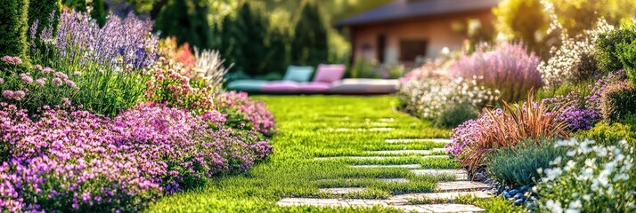 Canvas Print - A lush garden path with blooming flowers guides to a comfortable seating area bathed in warm evening sunlight