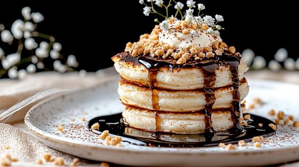 Wall Mural -   White plate topped with stacked pancakes smothered in chocolate sauce, then dolloped with whipped cream and showered in sprinkles