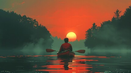 Canvas Print - Man Kayaking at Sunset.