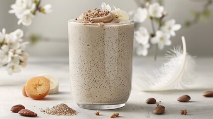   A smoothie with nuts is elegantly garnished on a white table in a glass