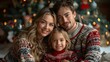 © LuvTK - A heartwarming holiday portrait, featuring a family in coordinated holiday sweaters, posing happily in front of a Christmas tree, the background filled with festive decor and warm, ambient lighting.