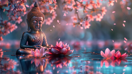 Buddha statue in meditation surrounded by glowing lotus flowers on tranquil water