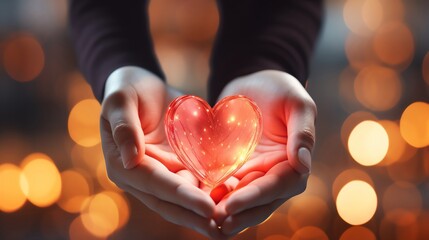 A warm, glowing heart held gently in hands, symbolizing love and care against a soft bokeh background.