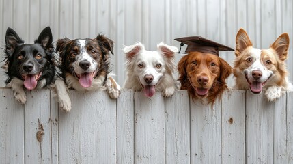 Poster - Five happy dogs, including one with a graduation cap, are playfully posed together near a wooden fence, showcasing their excitement and camaraderie