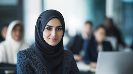 Confident Middle Eastern businesswoman in hijab at work in modern office surrounded by diverse group of colleagues in professional setting