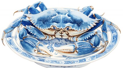 Wall Mural - Watercolor Illustration of a Blue Crab on a Blue and White Plate.