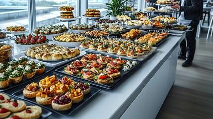   A buffet table brimming with diverse appetizers and desserts, arranged on trays beside a man positioned before a grand window