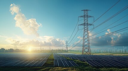 Sticker - Solar panels cover the ground while wind turbines rotate in the distance, illuminated by a vibrant sunset and scattered clouds above